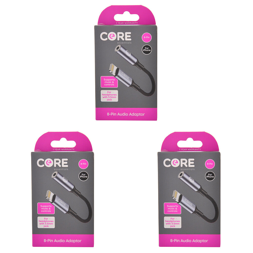 Core Essentials 3.5mm Jack to 8-Pin Audio Adaptor Aux Stereo Converter Black (3 Pack)