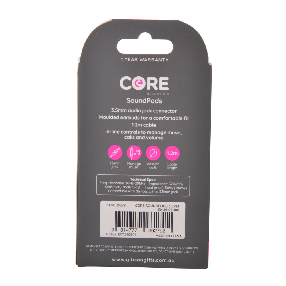 Core Essentials Soundpods/Earphones In-Ear Wired w/ Built-In Mic 3.5mm White — image 2
