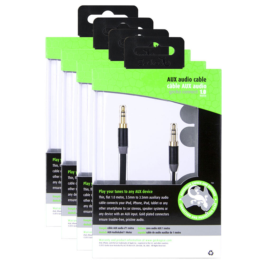 Gecko 1m Flat 3.5mm Male to M AUX Cable Gold Plated Audio Car/Phone Cord BLK (4 Pack)