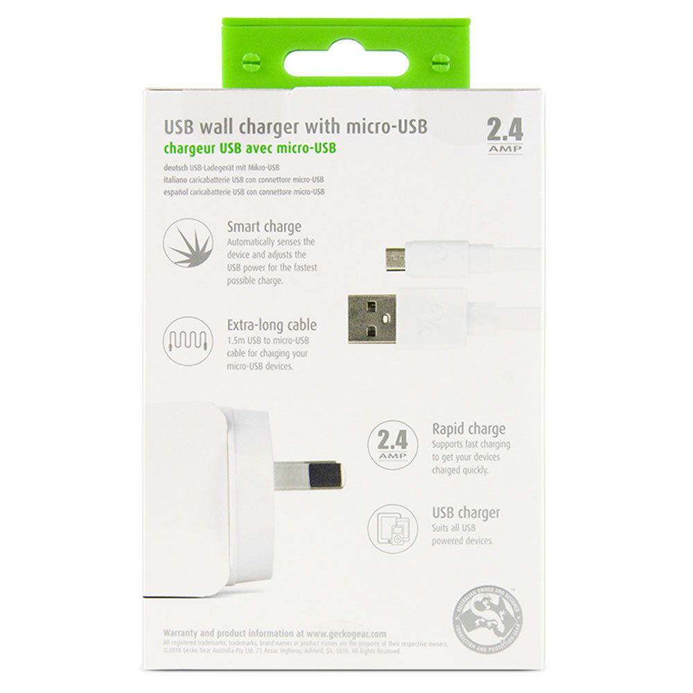 Gecko USB 2.4A Wall Charger w/ 1.5m Micro-USB Cable - White (2 Pack) — image 6