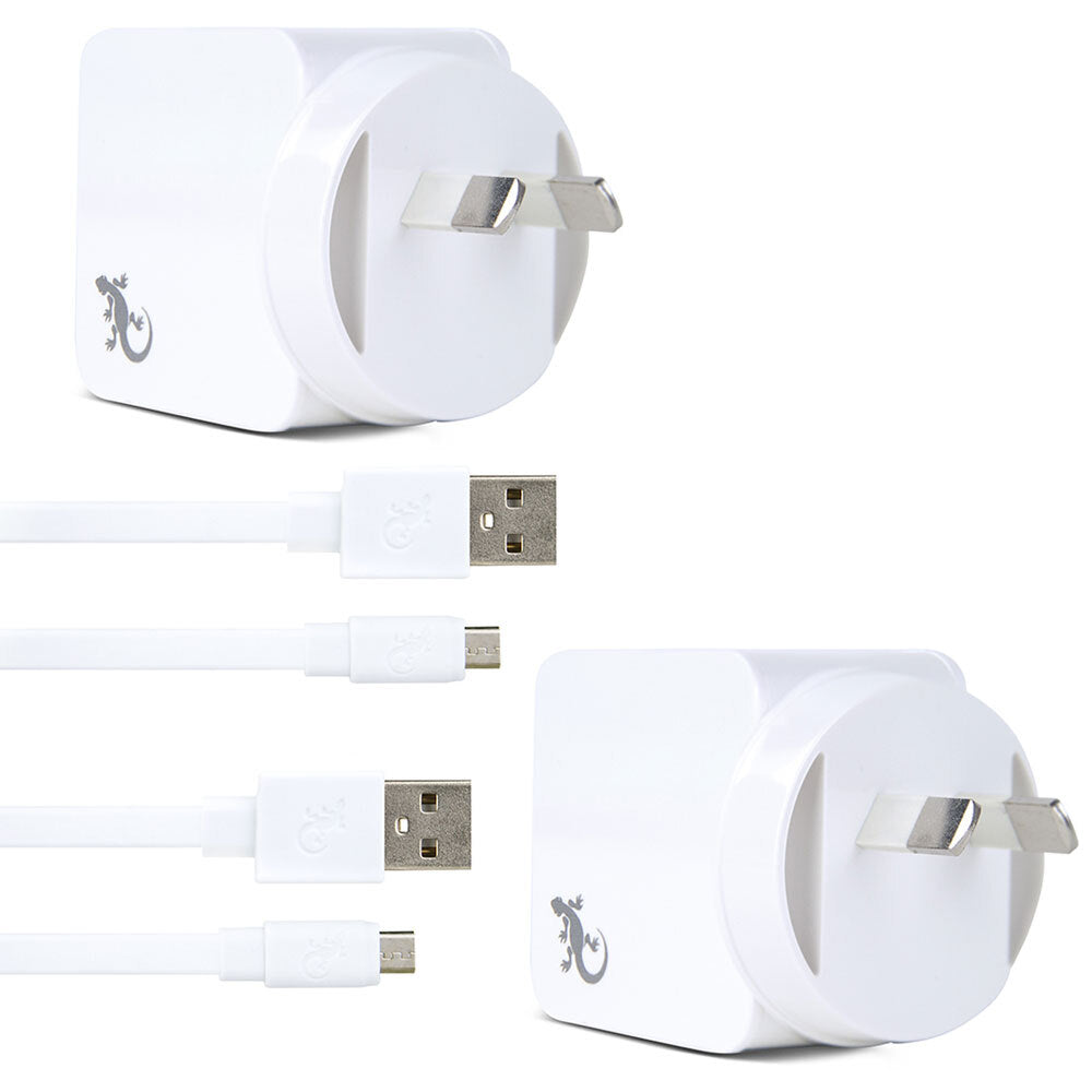 Gecko USB 2.4A Wall Charger w/ 1.5m Micro-USB Cable - White (2 Pack)