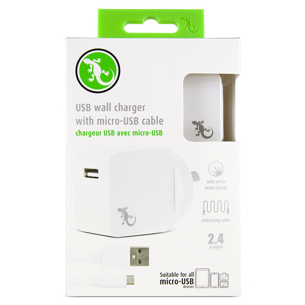 Gecko USB 2.4A Wall Charger w/ 1.5m Micro-USB Cable - White (2 Pack) — image 5