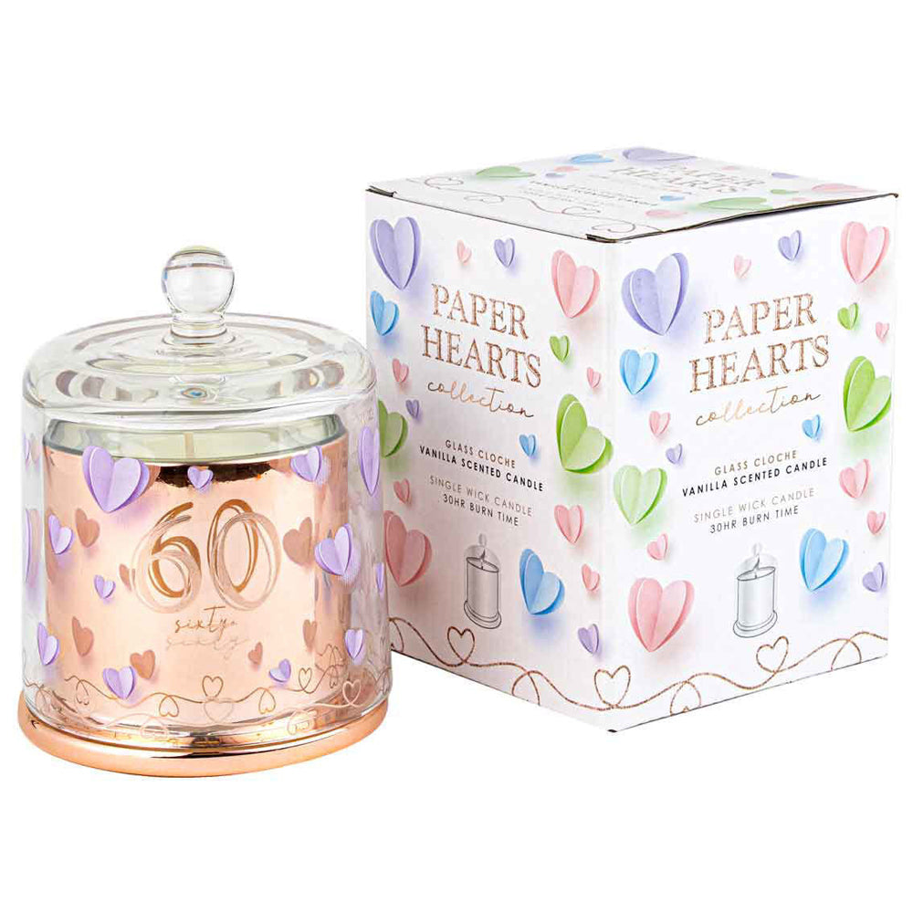 LMD 60th Paper Hearts Candle w/ Glass Cloche Vanilla Scent 45hr Burntime Decor (2 Pack)
