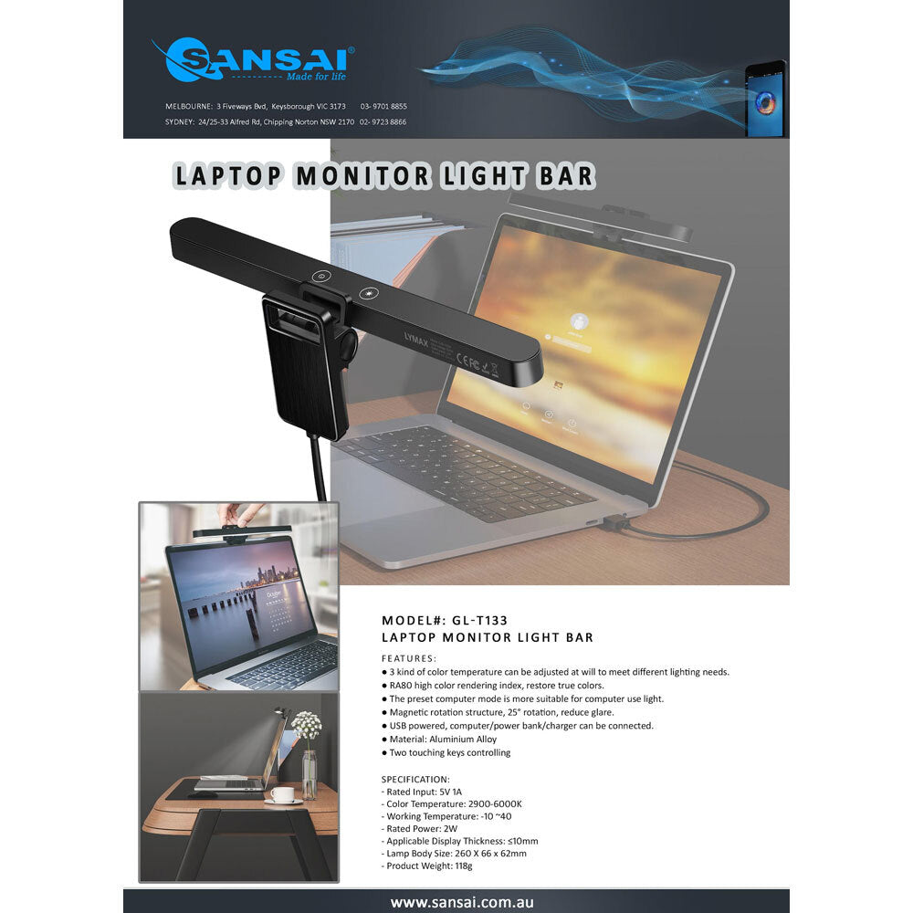 Sansai Laptop Monitor/Keyboard/Computer Light Bar 26cm Warm/Mix/White Light — image 2