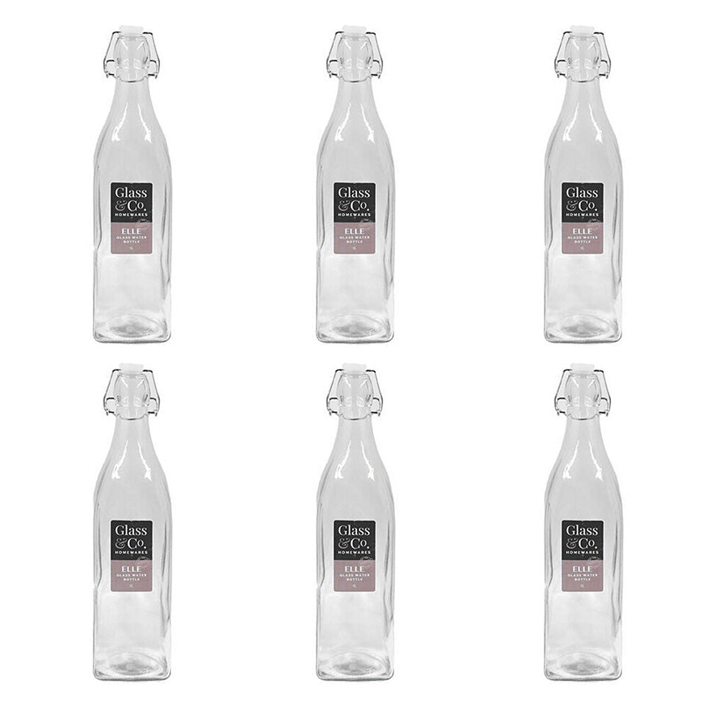 Glass & CO Elle Tall Leak-Proof Clip Lid Square Water Bottle 1L Clear (6 Pack)
