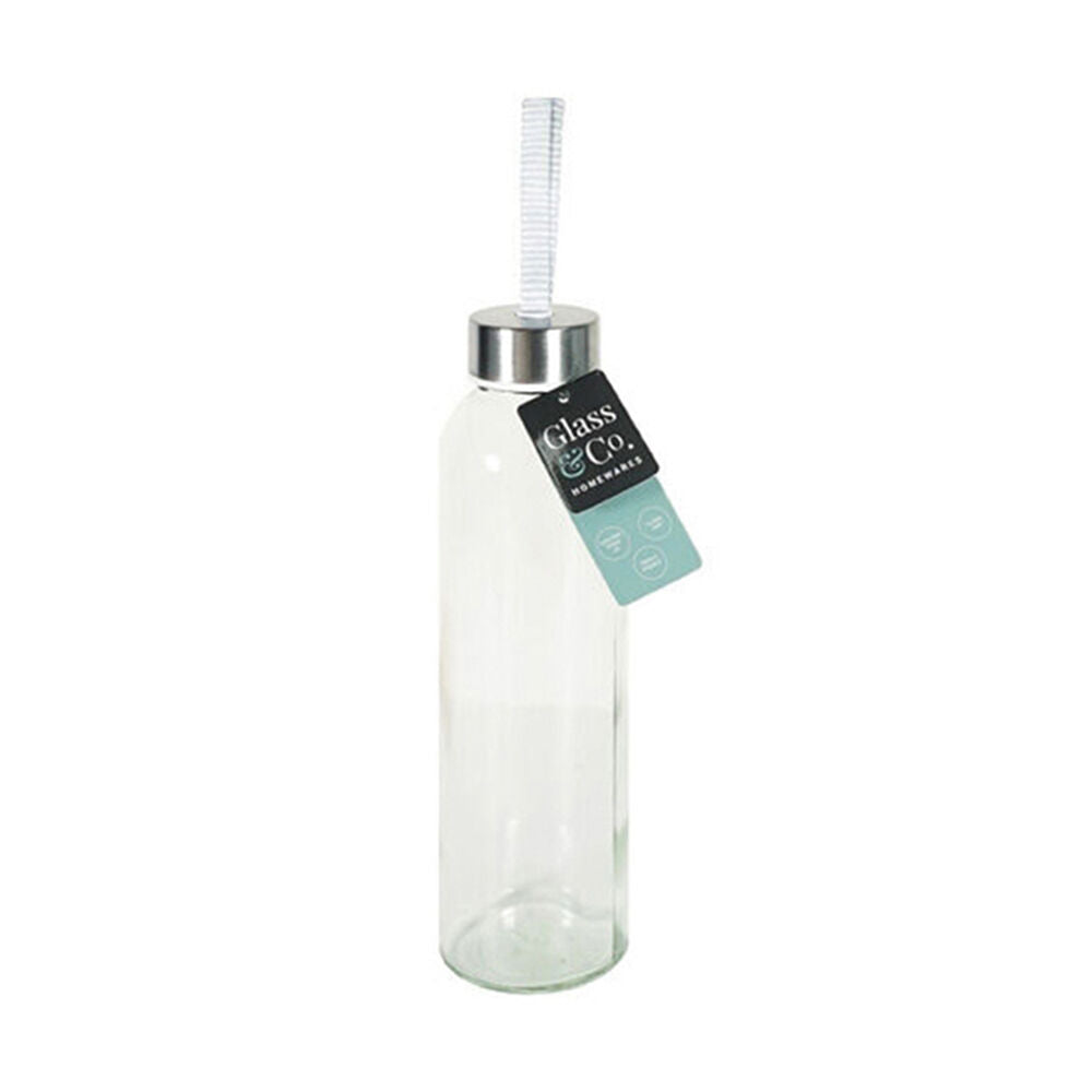 Glass & CO 500ml Clear Large Silver Screw Lid Drinking Bottle w/ Handle