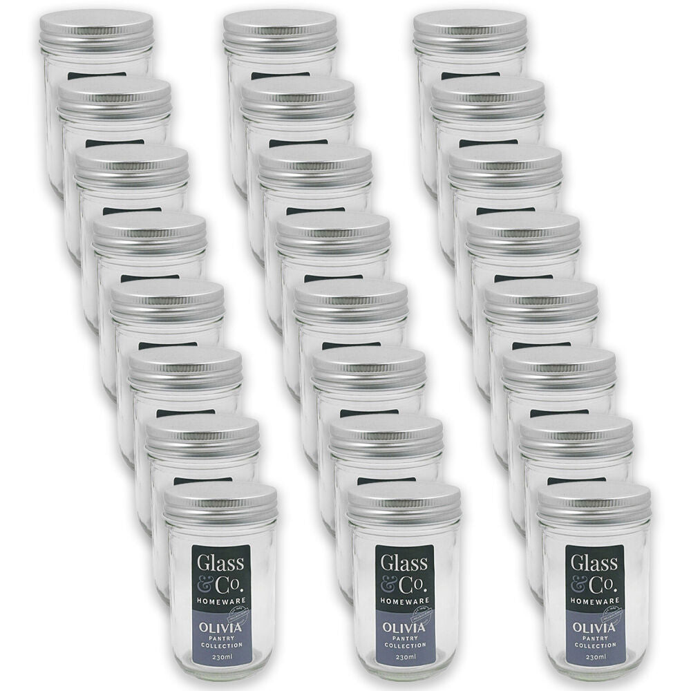 Glass & CO Olivia Pantry Tall Round Silver Screw Lid Jar 230ml Clear (24 Pack)