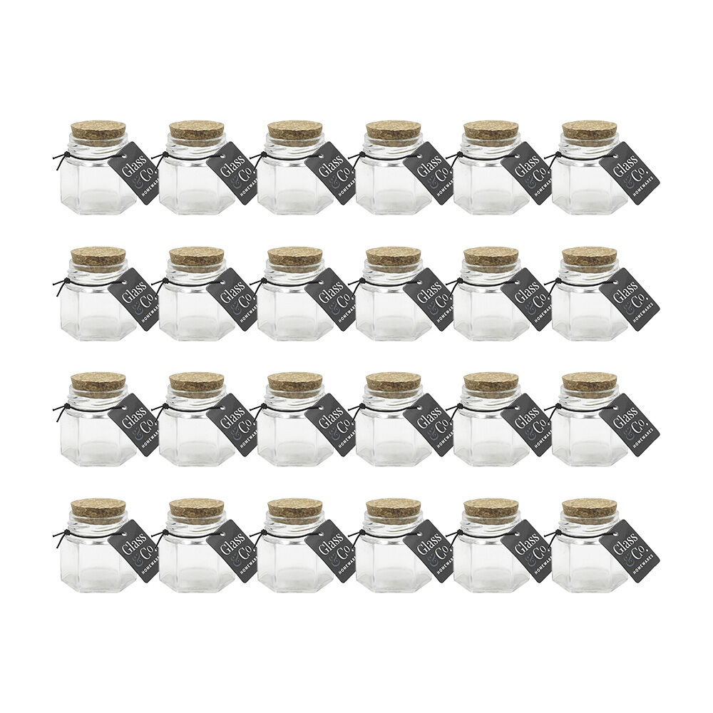 Glass & CO Courtney Glass Hex Jar Container w/ Cork Lid Clear 65ml (24 Pack)
