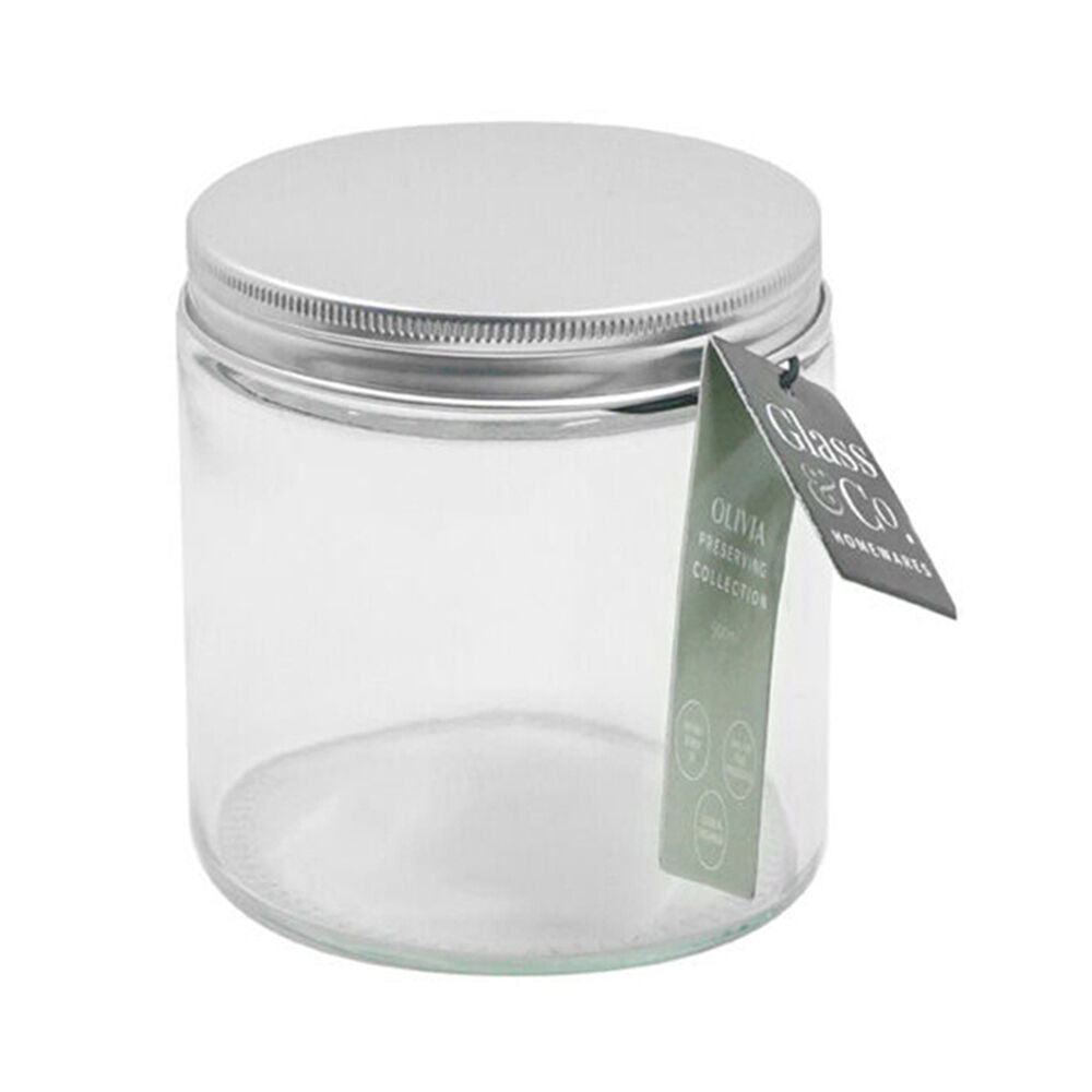 Glass & CO 500ml Clear Olivia Round Silver Screw Lid Preserving Storage Jar