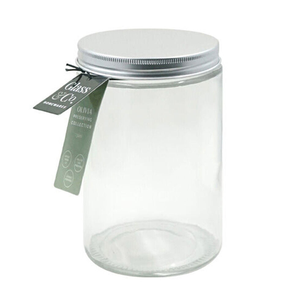Glass & CO 750ml Clear Olivia Round Silver Screw Lid Preserving Storage Jar