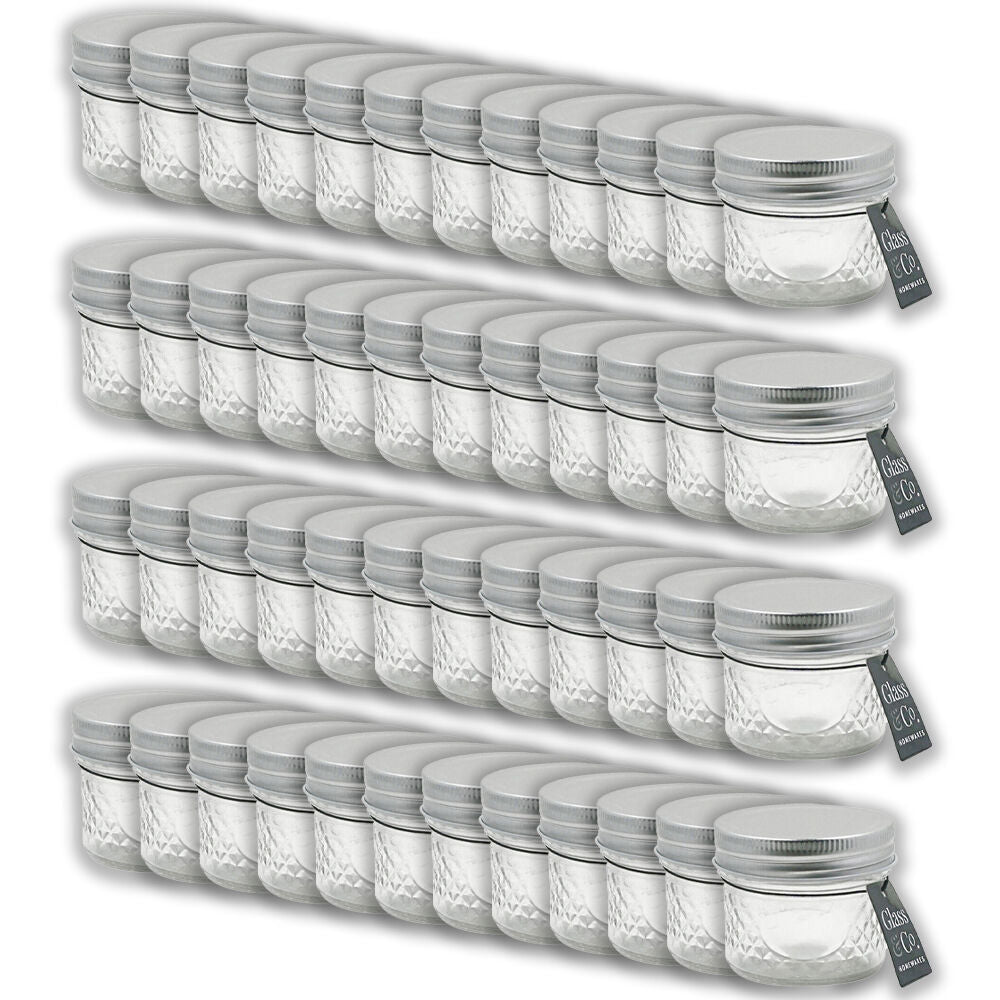 Glass & CO Cleo Round Silver Lid Quilted Preserving Jar 130ml Clear (48 Pack)