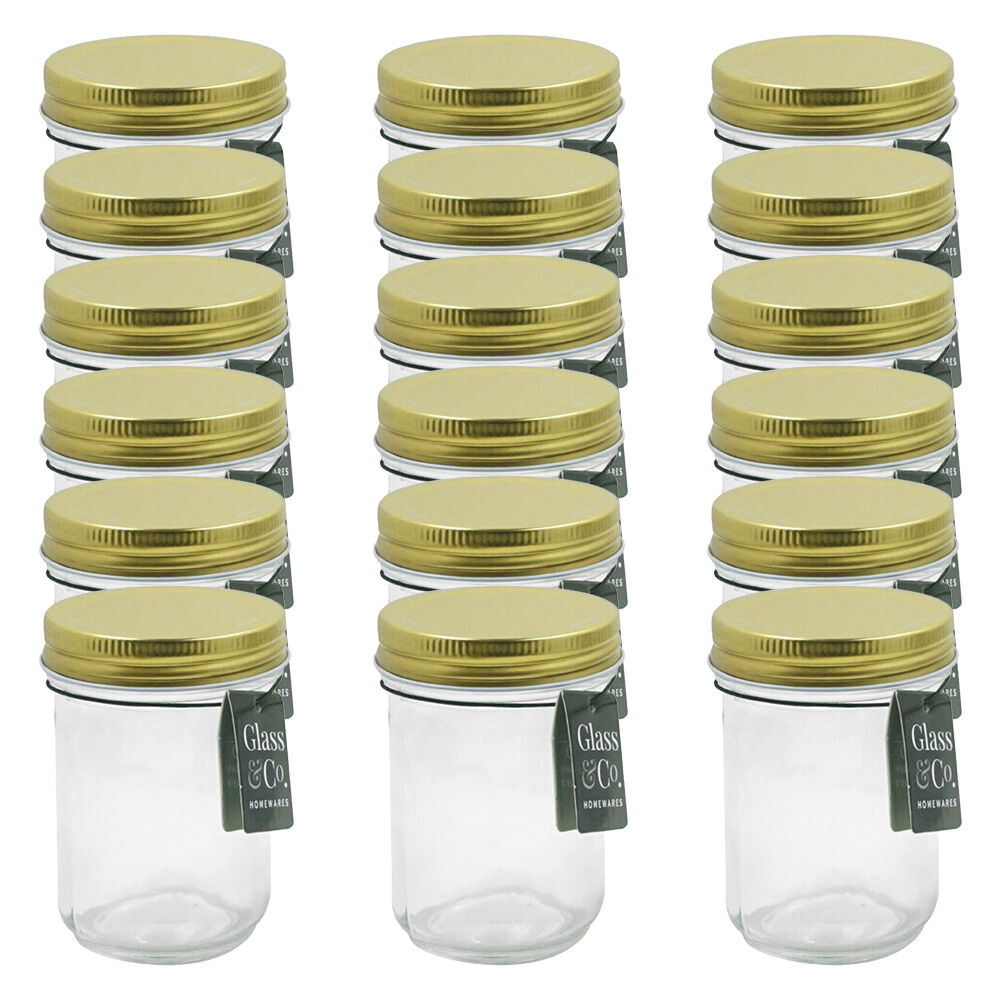 Glass & CO Olivia Round Metallic Lid Jar Container 240ml Clear Assorted (18 Pack)