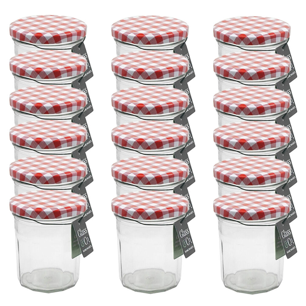 Glass & CO Cleo Red White Checkered Lid Preserving Jar 310ml Clear (18 Pack)