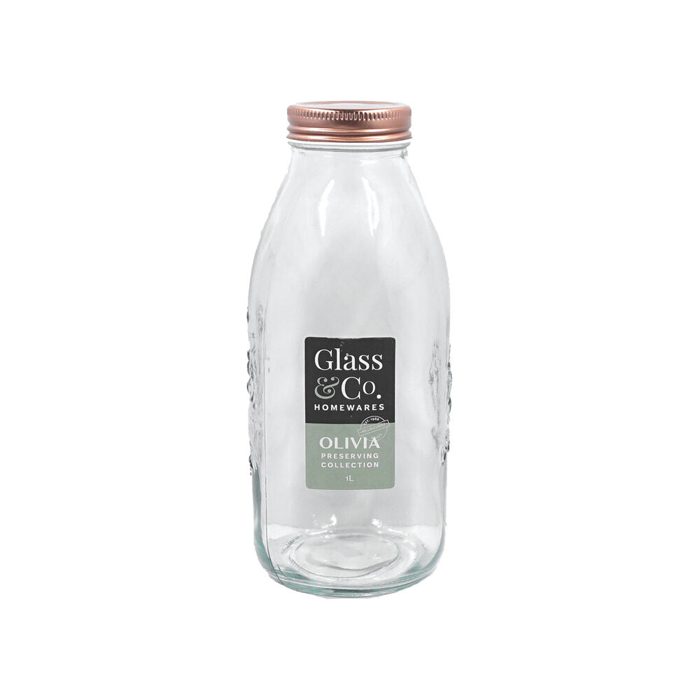 Glass & CO Preserve Glass Bottle Tropical Container w/ Lid Clear/Rose Gold 1L