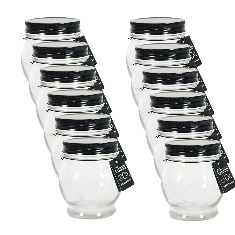 Glass & CO Olivia Round Black Metal Lid Bottle Storage Jar 270ml Clear (12 Pack)