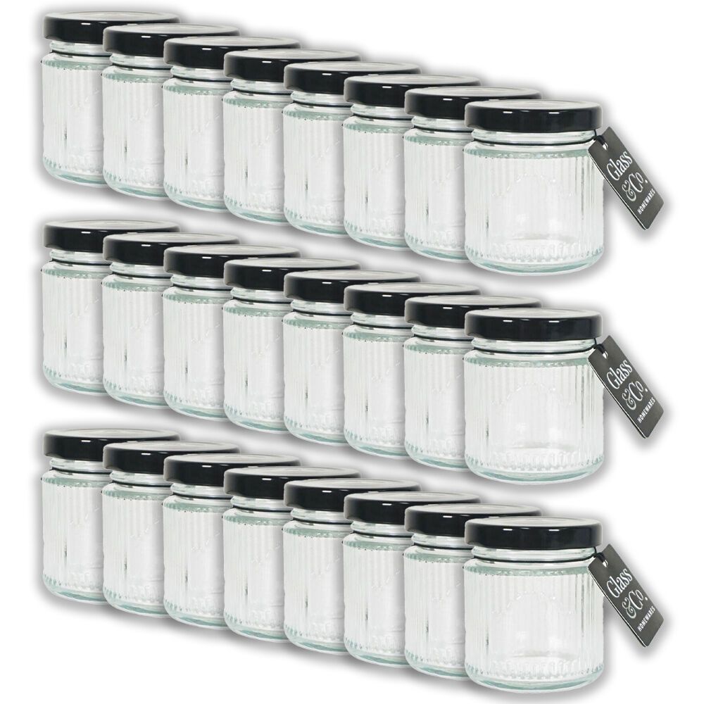 Glass & CO Olivia Round Black Metal Lid Storage Jar 100ml Clear (24 Pack)