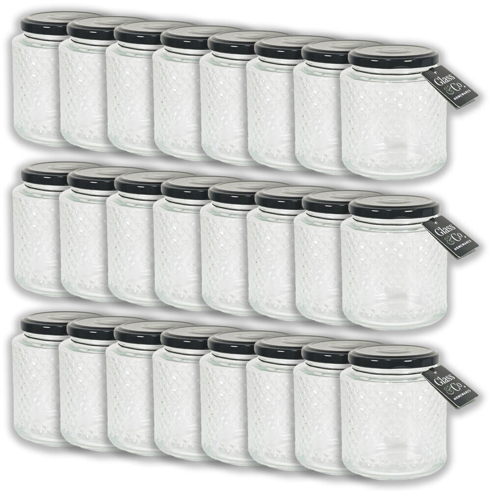 Glass & CO Cleo Quilted Black Metal Lid Storage Jar 350ml Clear (24 Pack)