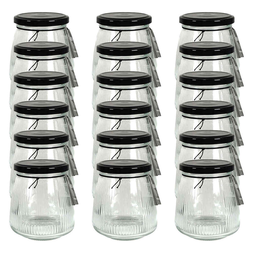 Glass & CO Cleo Taper Ribbed Black Metal Lid Storage Jar 350ml Clear (18 Pack)