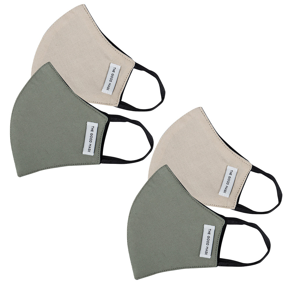 The Good Brand Kids Cotton Reusable Breathable Face Mask Bone/Sage 8-12y (4 Pack)