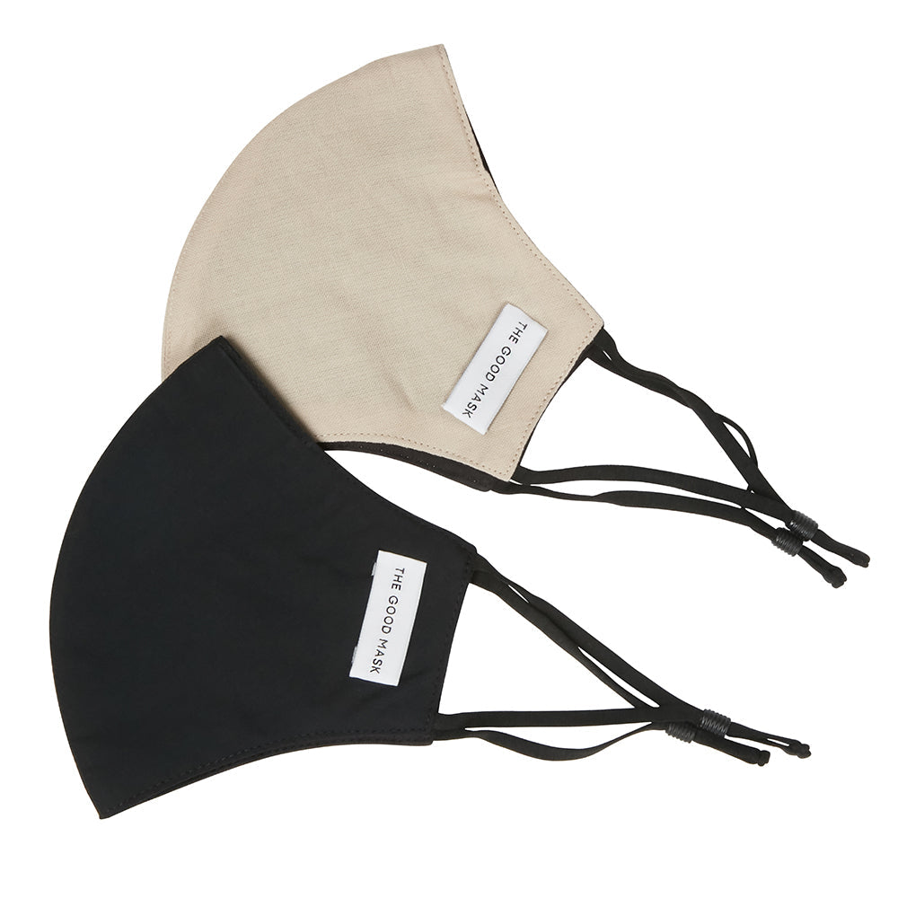 The Good Brand Cotton Reusable Breathable Cloth 2 Ply Face Mask Black/Bone (2 Pack)