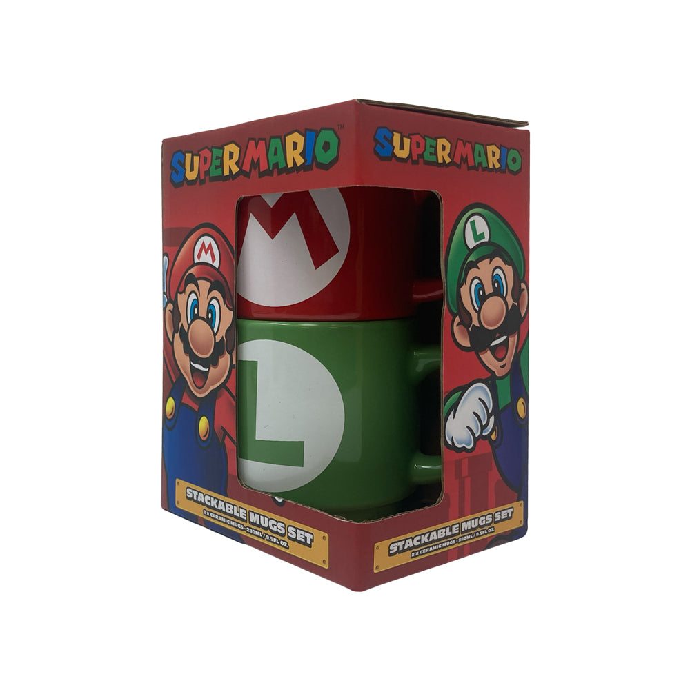 Super Mario Bros Stackable Coffee/Drink Mug Ceramic Set Mario Luigi Initial (2 Pieces)