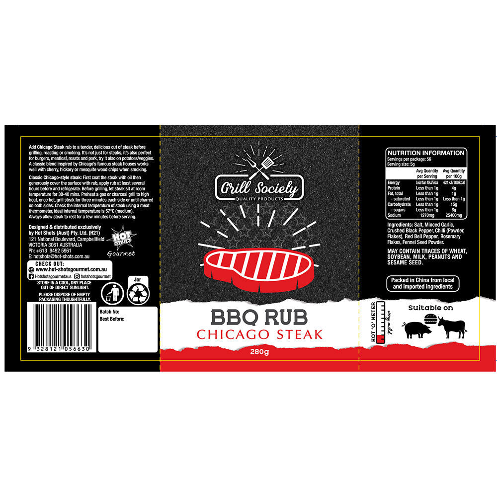 Grill Society 280g BBQ Rub Chicago Steak Meat/Pork/Beef/Burgers Seasoning Spice — image 2