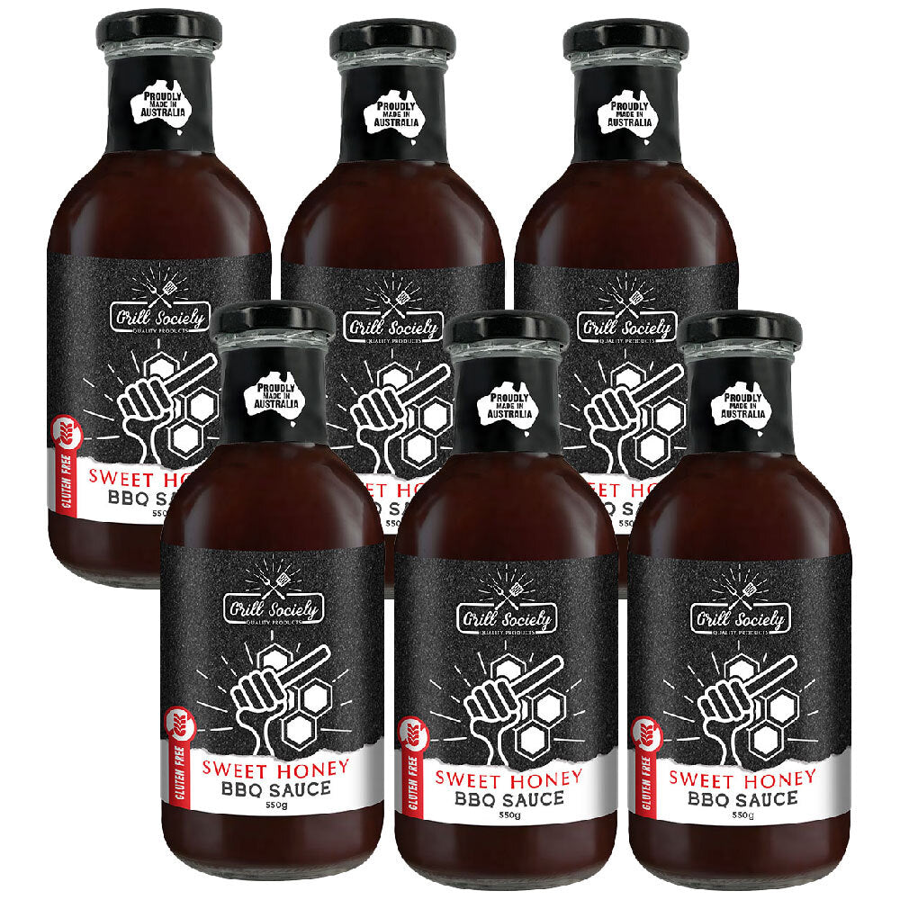 Grill Society BBQ Sweet Honey Sauce Gluten Free Condiment Meat Glaze 550g (6 Pack)
