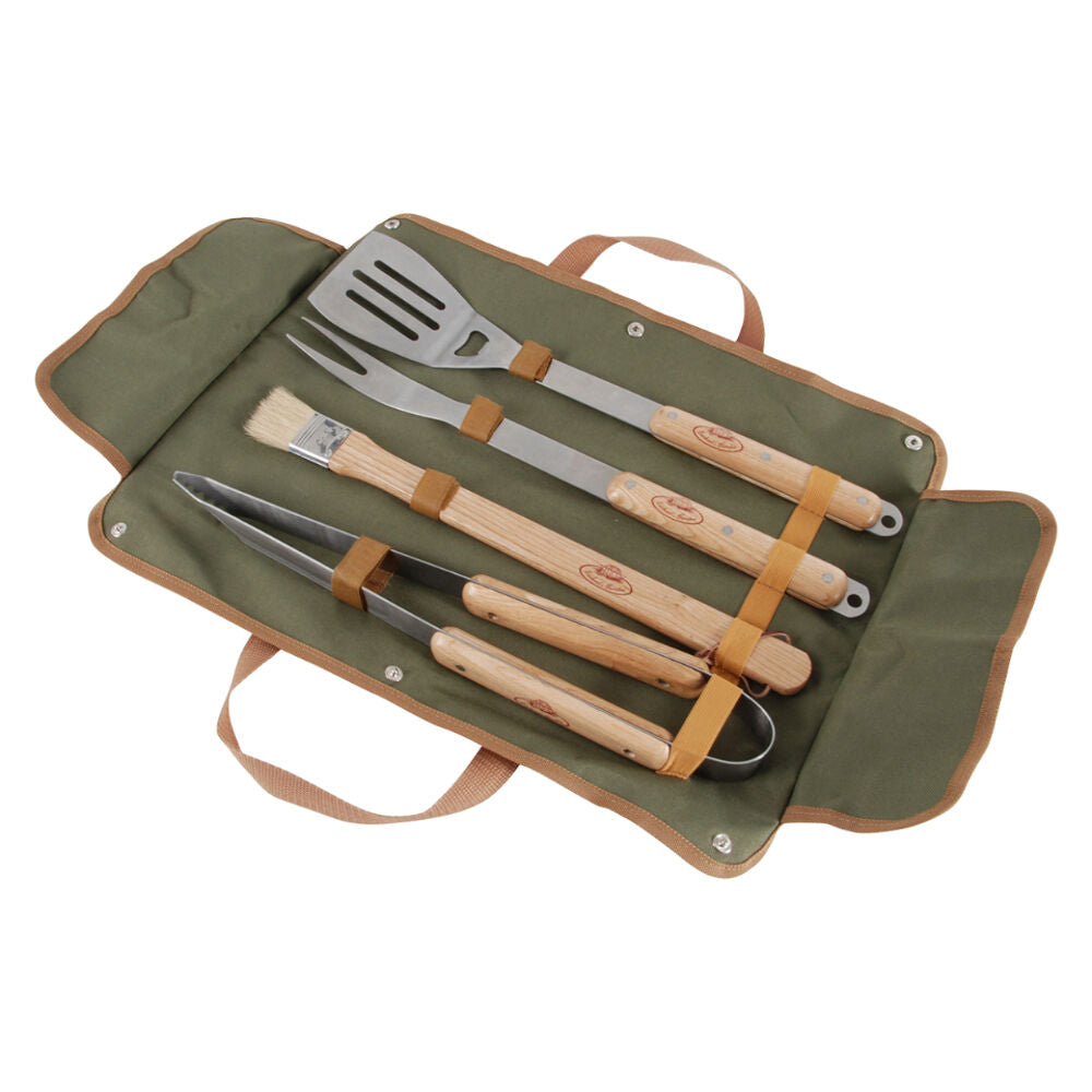 Esschert Design BBQ Tool Set w/ Canvas Carry Case Grilling Utensils (4 Pieces)