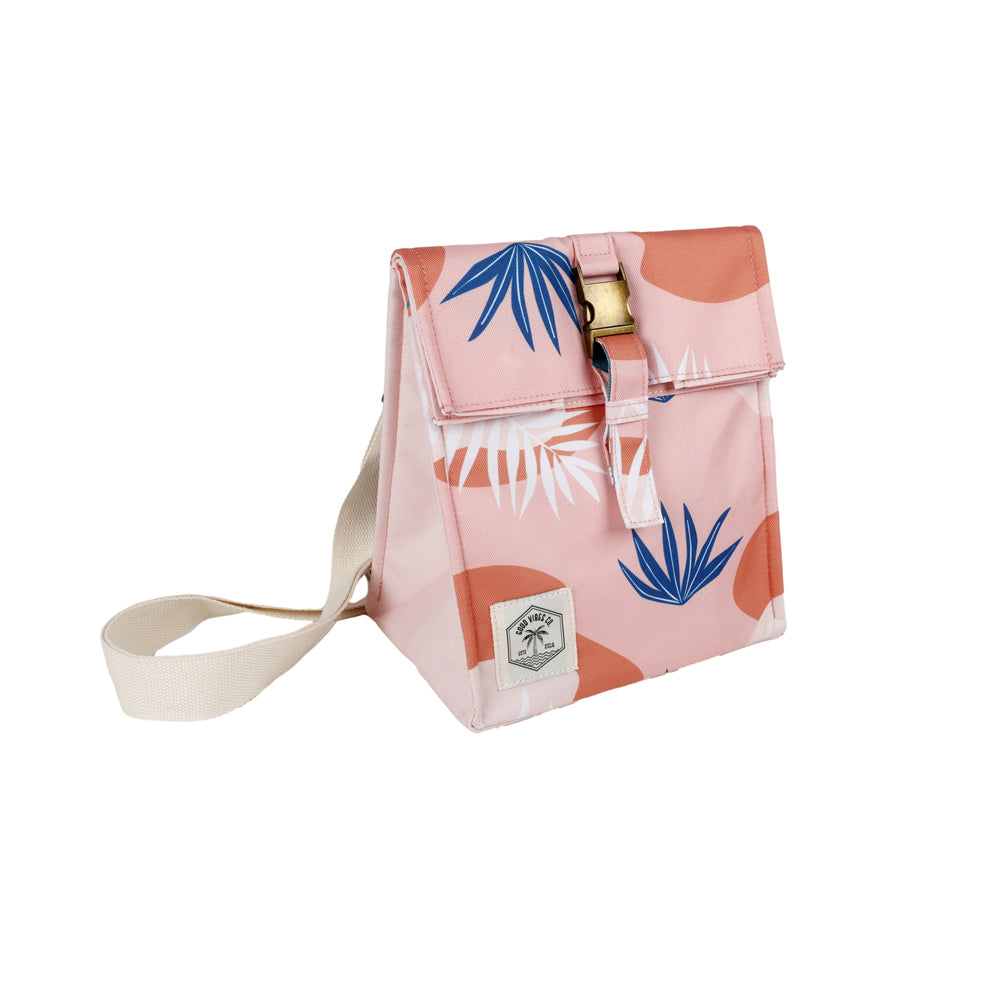 Good Vibes Insulated Durable Lunch Bag Satchel Blush Palm Print 25x22x16cm (2 Pack)