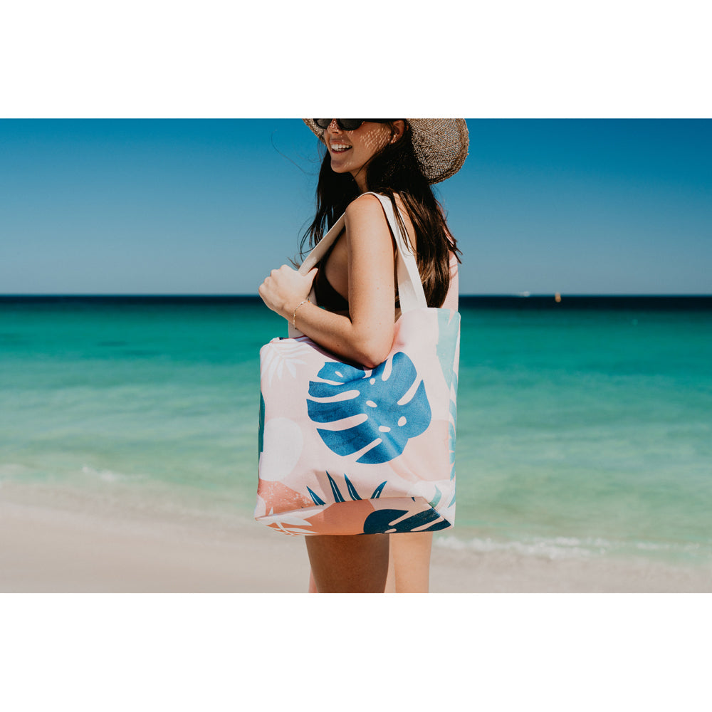 Good Vibes Beach Bag W Inner Pocket Zip Closre Blush Palm Print 50x42x15cm — image 2