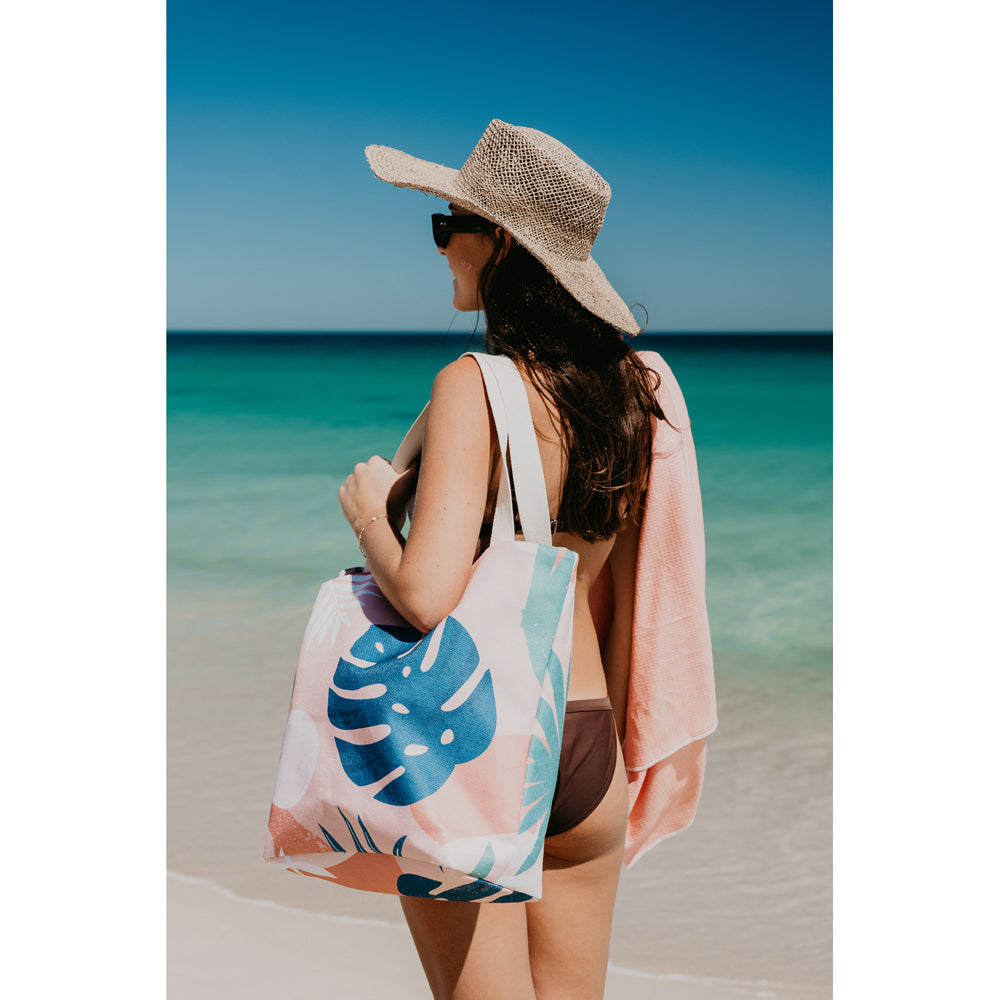 Good Vibes Beach Bag W Inner Pocket Zip Closre Blush Palm Print 50x42x15cm — image 3