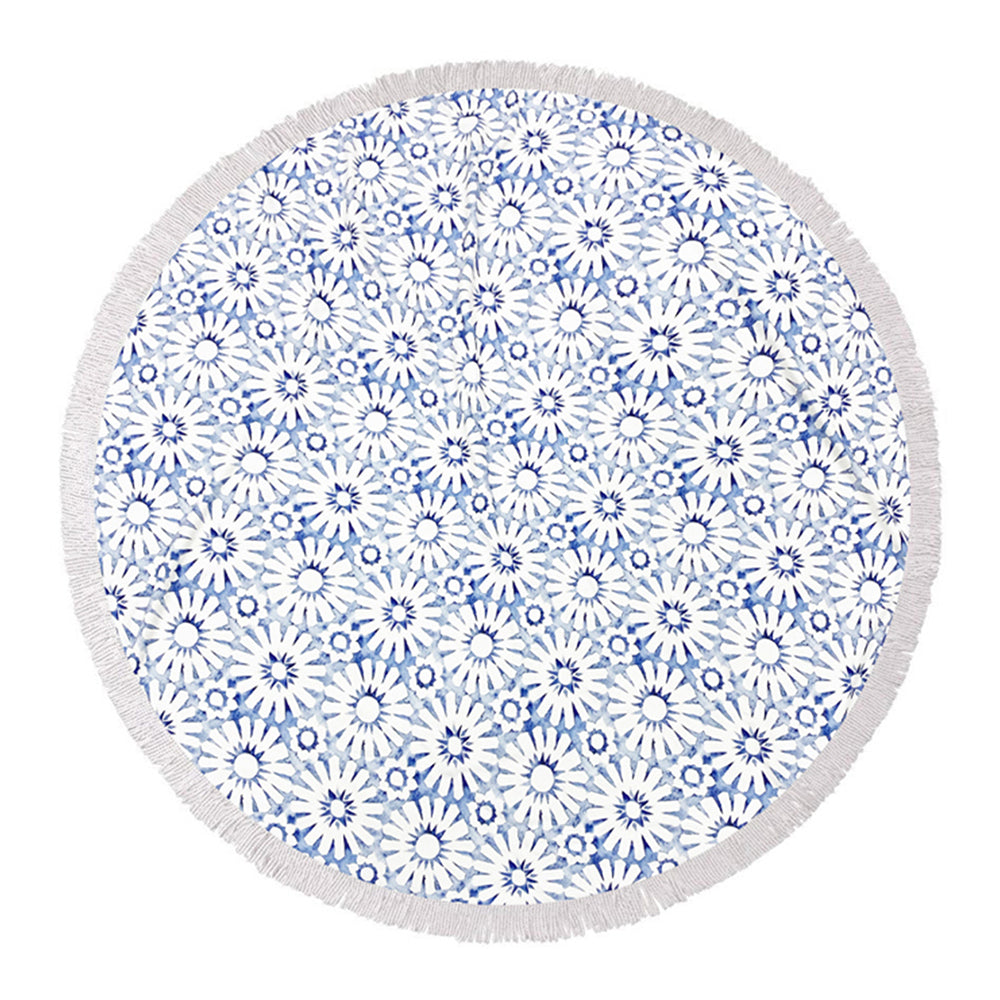 Good Vibes 150cm Round Beach Towel w/ Tassels 400GSM Microfibre Indigo Waters