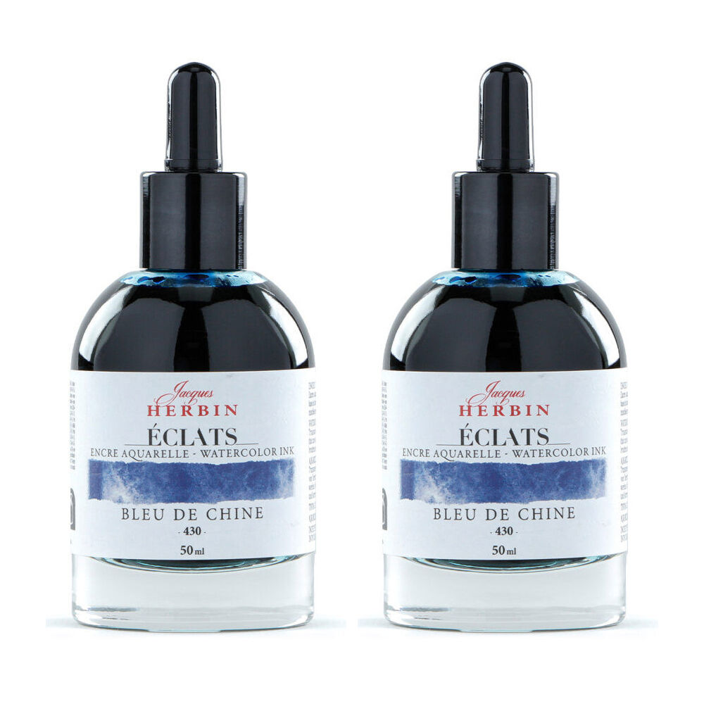 Herbin Eclats Glass Bottle Watercolour Ink w/ Dropper 50ml China Blue (2 Pack)
