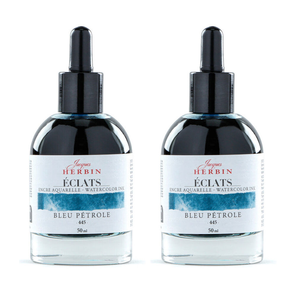 Herbin Eclats Glass Bottle Watercolour Ink w/ Dropper 50ml Petrol Blue (2 Pack)