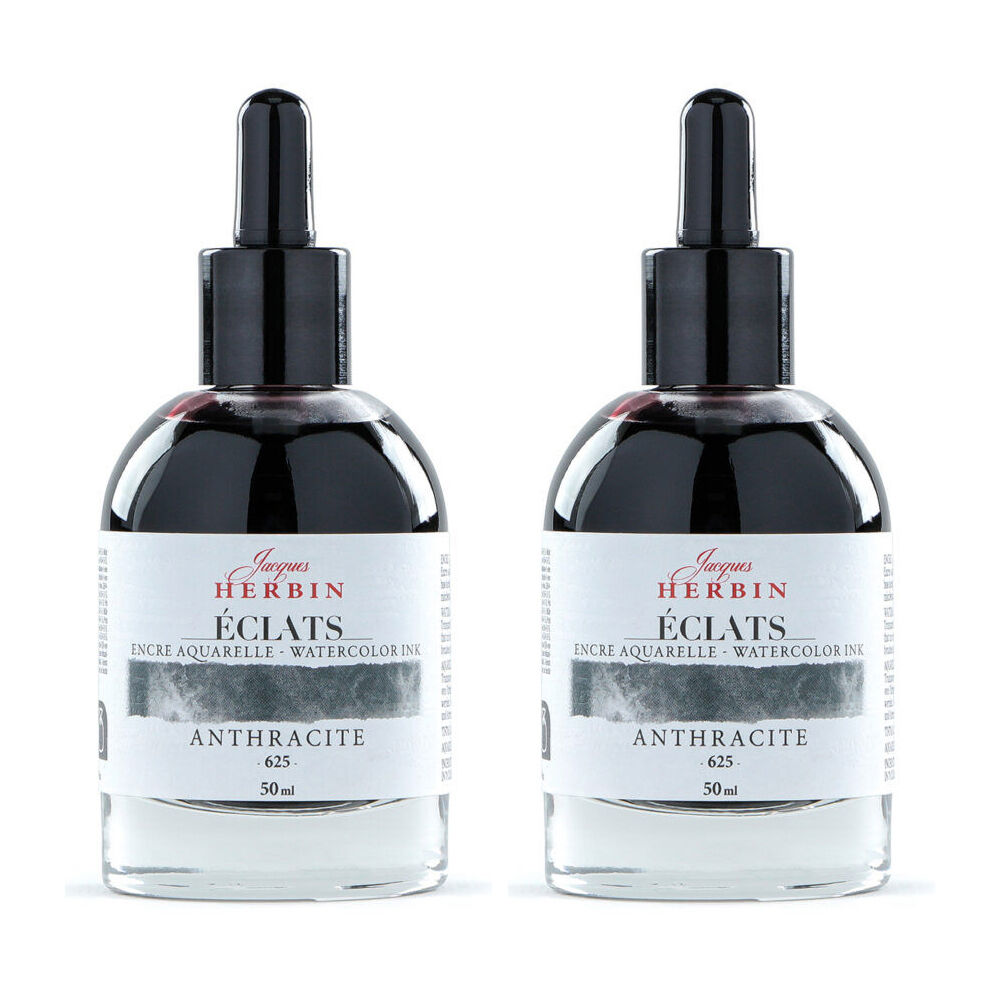 Herbin Eclats Glass Bottle Watercolour Ink w/ Dropper 50ml Anthracite (2 Pack)