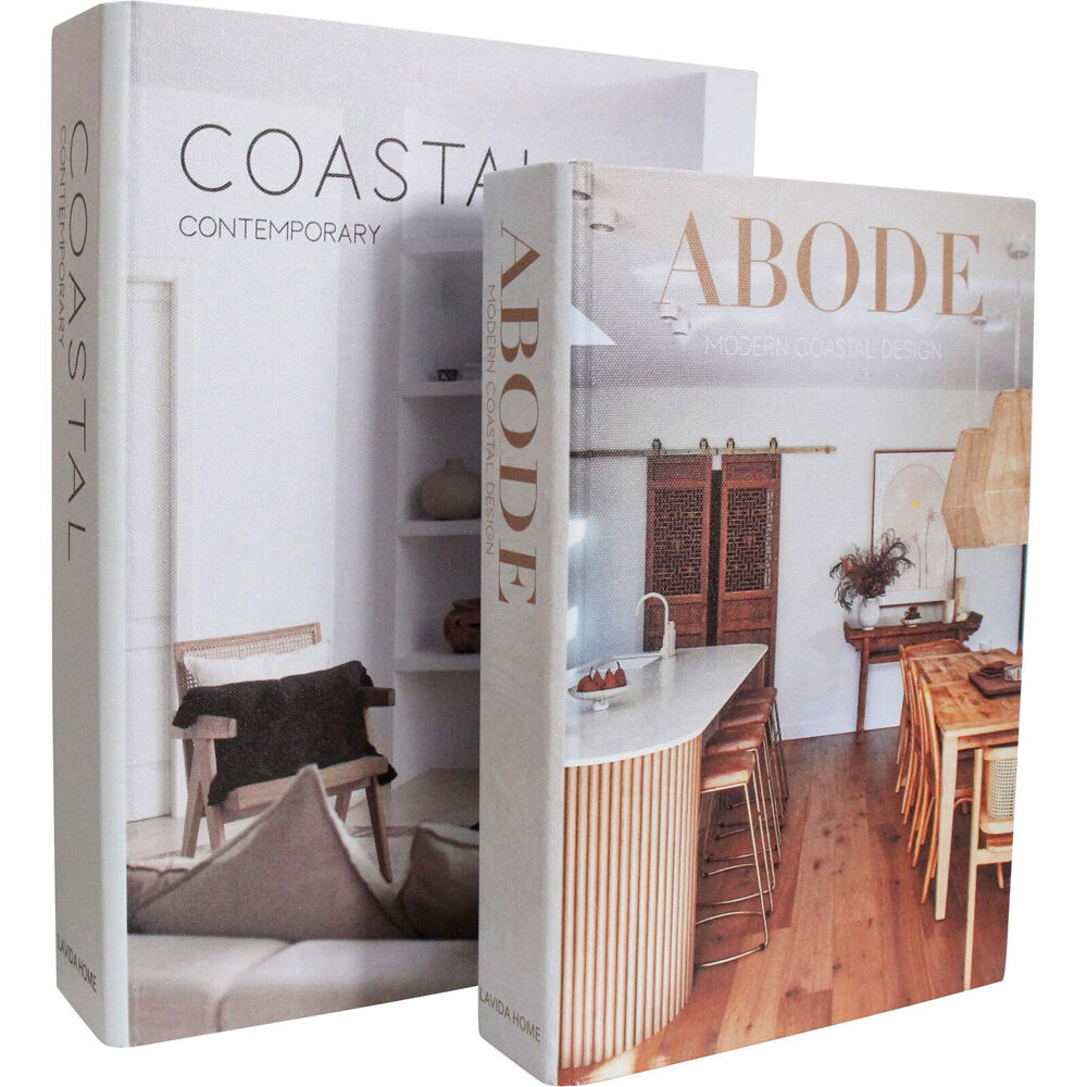 LVD Wooden Canvas Book Box Large Set 34x25x6.5/29x20x5.5cm Coastal Abode (2 Pieces)