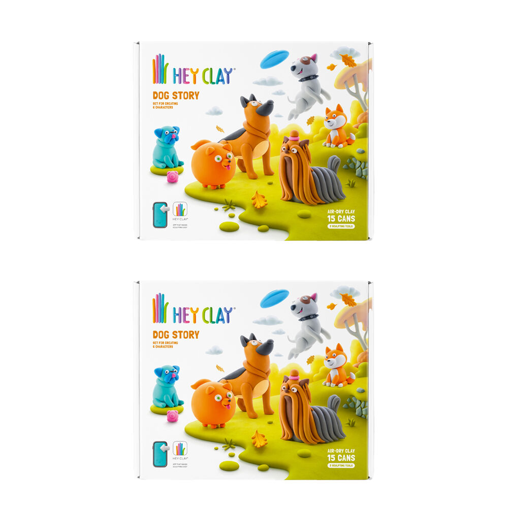 Hey Clay Dog Story Theme Modelling Set w/15 Colour Cans & 2 Tools 3y+ (2 Pack)