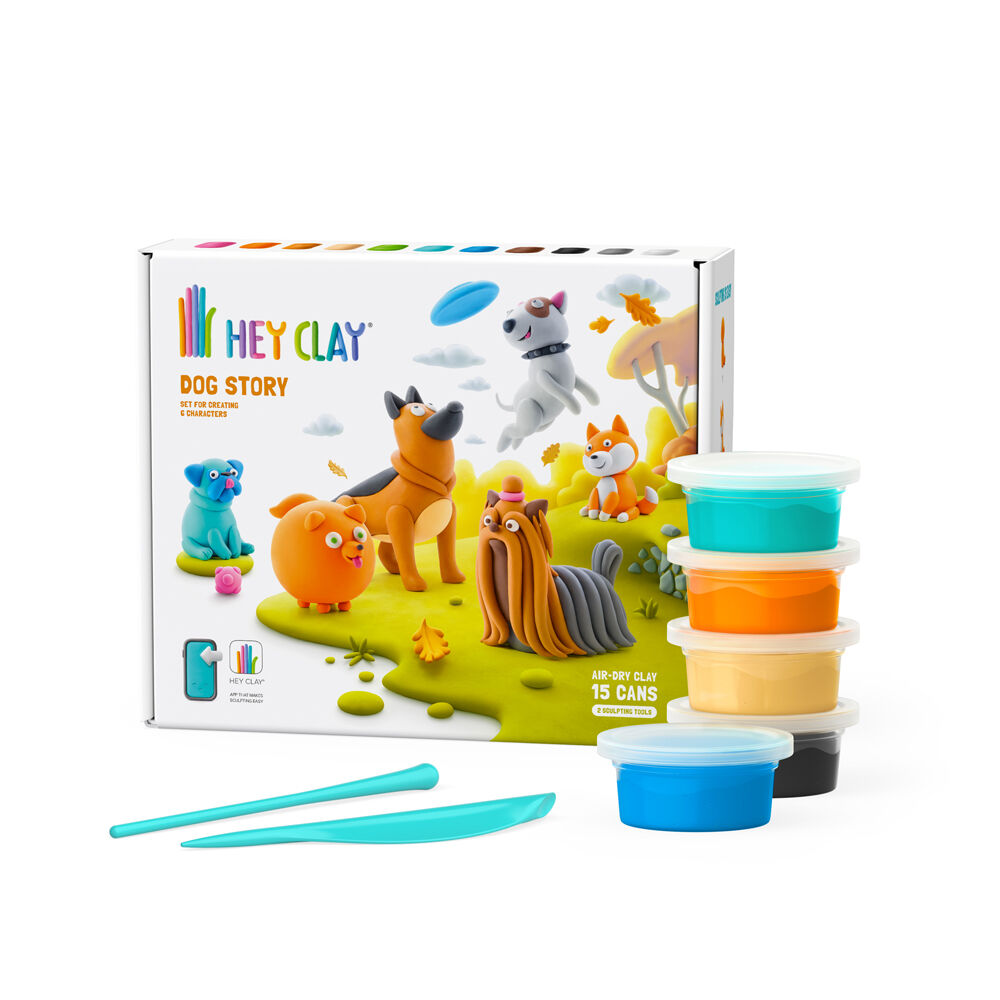 Hey Clay 3y+ Dog Story Theme Modelling Set w/15 Colour Cans & 2 Tools