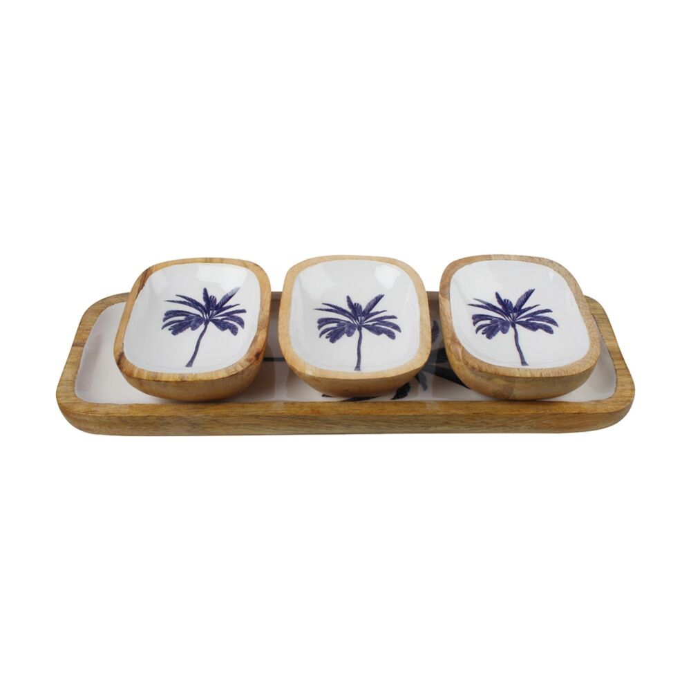 Maine & Crawford Belize 40cm Blue Palm Tree Dip Bowl w/ Tray Mango Wood (3 Pieces)