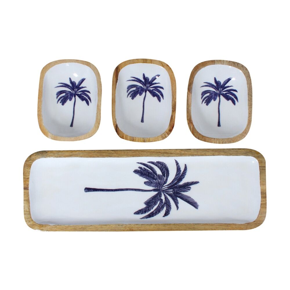 Maine & Crawford Belize 40cm Blue Palm Tree Dip Bowl w/ Tray Mango Wood (3 Pieces) — image 2