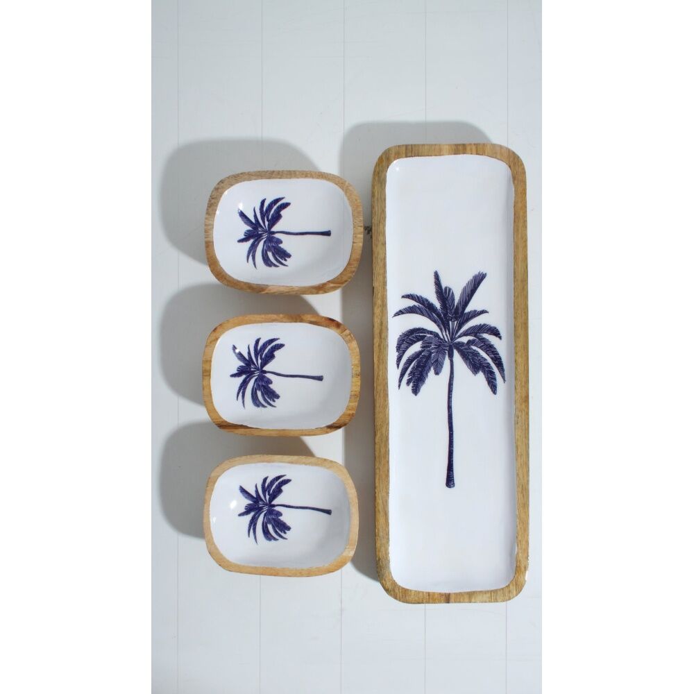 Maine & Crawford Belize 40cm Blue Palm Tree Dip Bowl w/ Tray Mango Wood (3 Pieces) — image 3