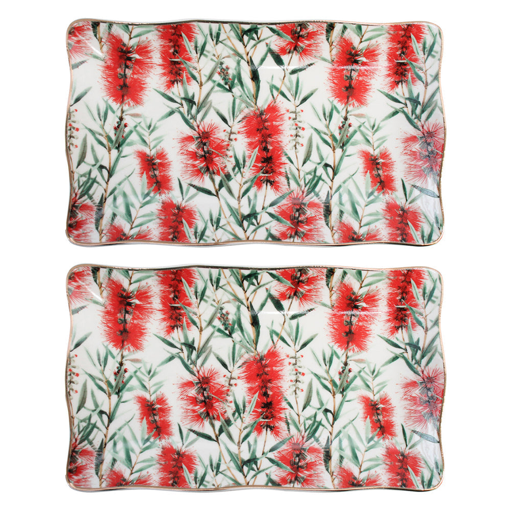 LVD Bottlebrush Porcelain 20cm Floral Food Plate Decorative Tableware Rectangle (2 Pack)
