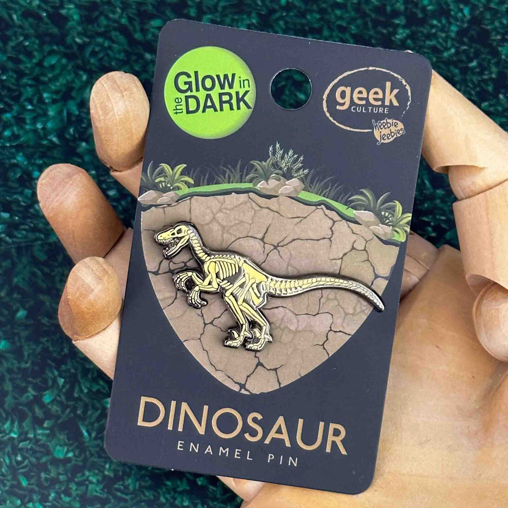 Geek Culture Dinosaur Skeleton Glow Enamel Pin Button Badge/Brooch Velociraptor — image 2