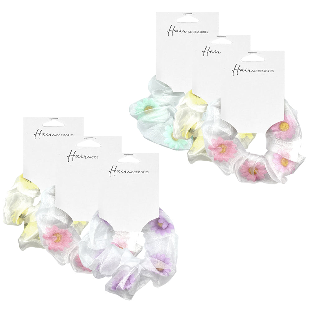 Hair Accessories Scrunchie 13cm Organza Floral Insert Styling Ponytail Assort (6 Pack)