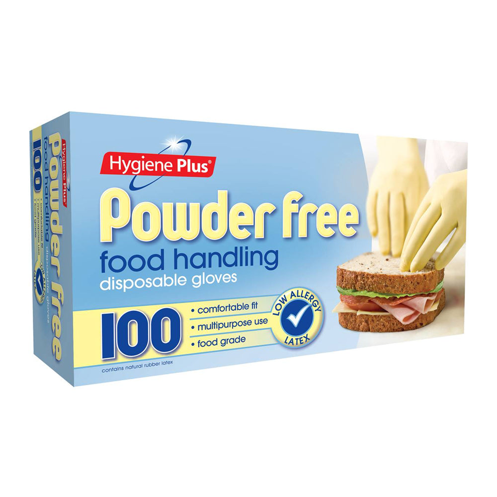 Hygiene Plus Powder Free Disposable Food Handling Gloves Low Allergy Latex (100 Pieces)