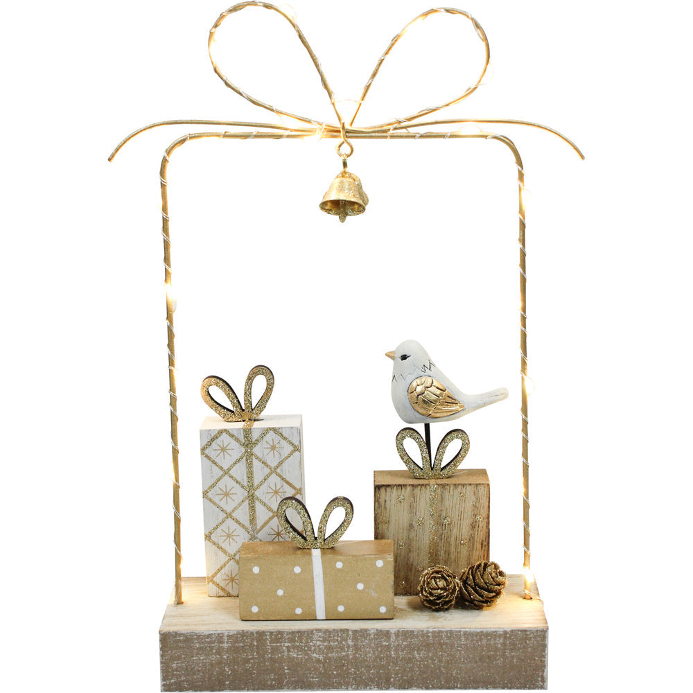 LVD Metal/Wood Gift Box Bow Multi Lights Home/Office X-mas Decor 27x19cm