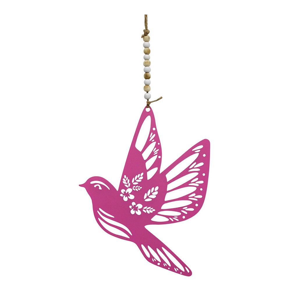 LVD Metal/Beads 16cm Bird In Flight Hanging Home/Garden Decor Ornament Fuchsia (2 Pack)