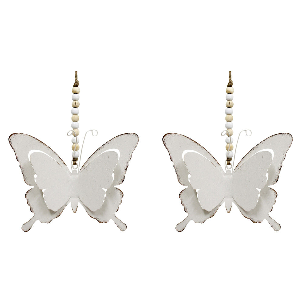 LVD Metal/MDF/Beads 30cm Hanging Butterfly Home/Garden Decorative Ornament White (2 Pack)