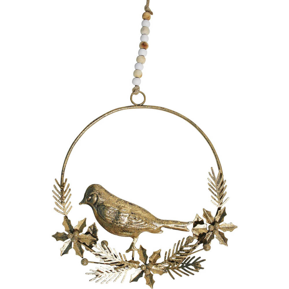 LVD Metal/Beads Wreath Bird Hanging Ornament Home/Lounge Decor 18cm Gold (3 Pack) — image 2