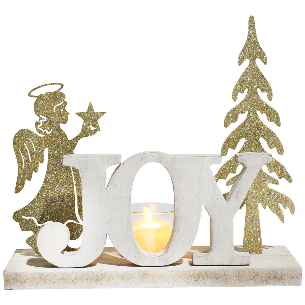 LVD Metal/MDF Fairy Tealight Joy Christmas Decoration Tabletop Decor Wht/gld